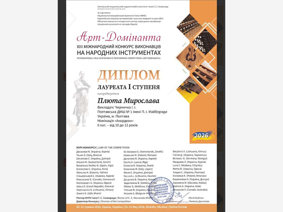 Перемоги учнів народного відділу в Міжнародному конкурсі Арт- Домінанта 2026